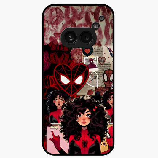 Spider Love Story Glass Case showing flat back view with romantic superhero themed artwork and glossy glass finish.
