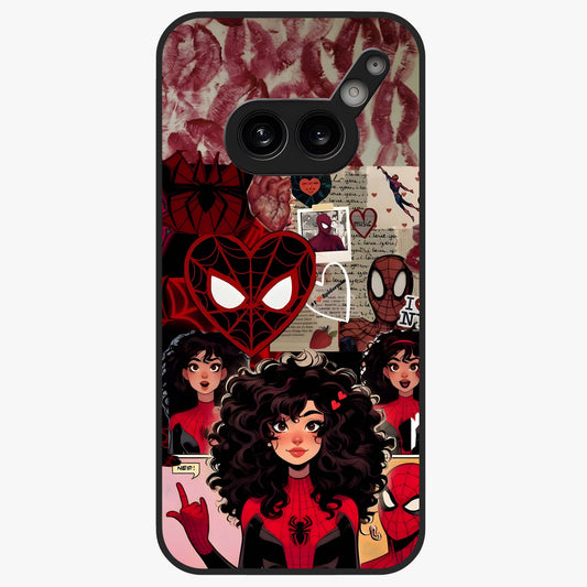 Spider Love Story Glass Case showing flat back view with romantic superhero themed artwork and glossy glass finish.