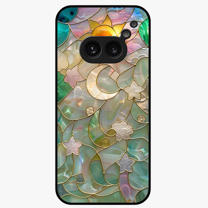 Stained Sunrise Glow Glass Case showing flat back view with glowing sunrise stained pattern artwork and glossy glass finish.