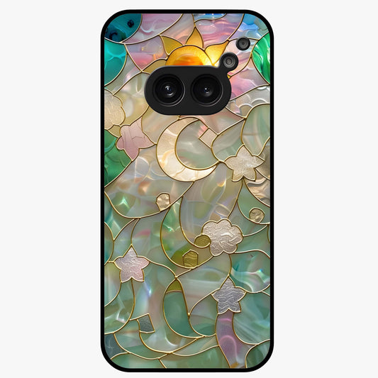 Stained Sunrise Glow Glass Case showing flat back view with glowing sunrise stained pattern artwork and glossy glass finish.