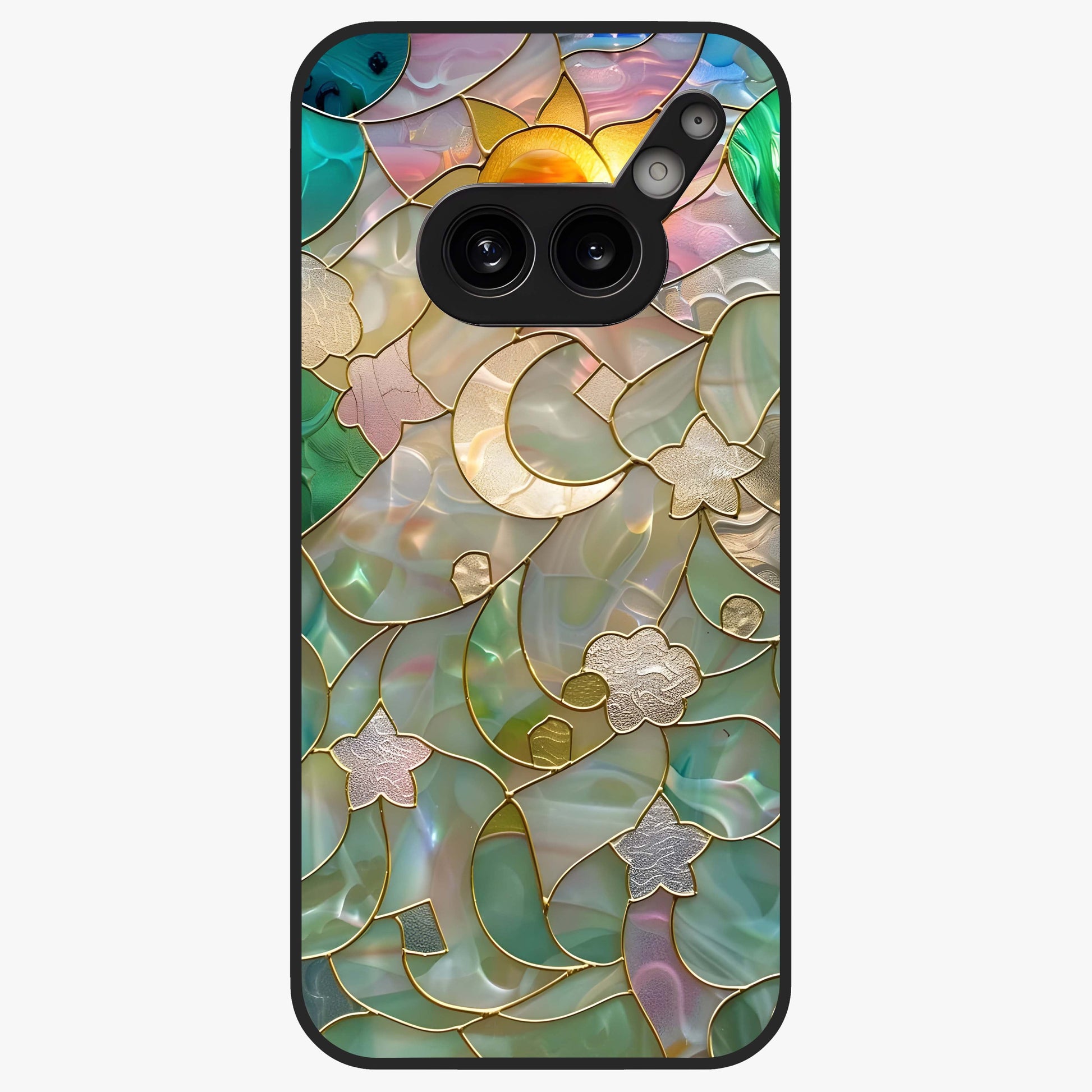 Stained Sunrise Glow Glass Case showing flat back view with glowing sunrise stained pattern artwork and glossy glass finish.