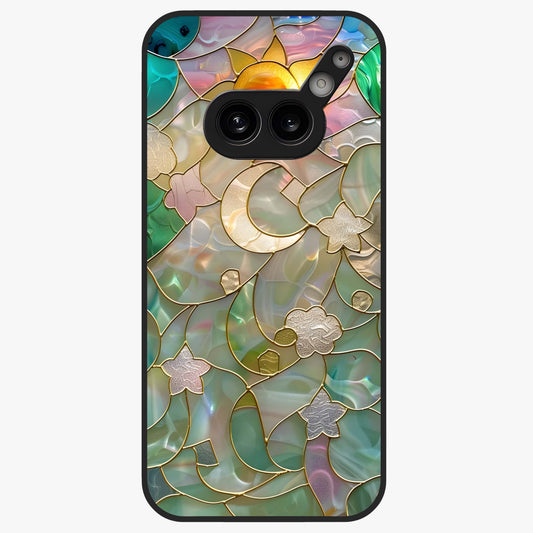 Stained Sunrise Glow Glass Case showing flat back view with glowing sunrise stained pattern artwork and glossy glass finish.
