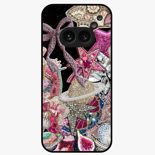 Starlit Jewel Dream Glass Case showing flat back view with sparkling jewel and star themed artwork and glossy glass finish.