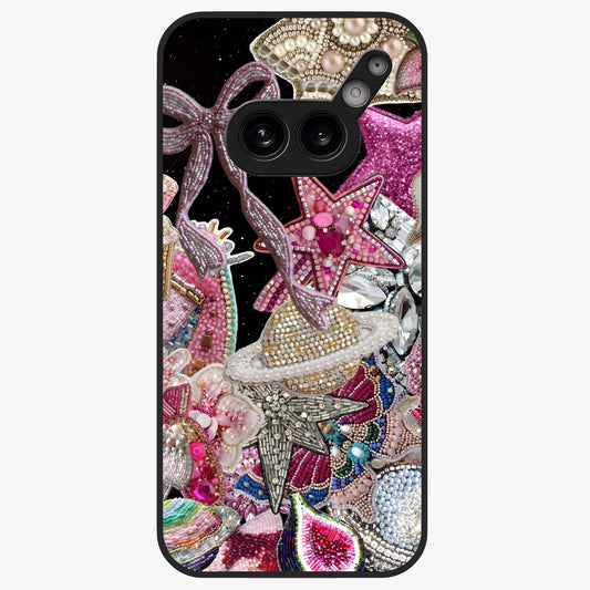 Starlit Jewel Dream Glass Case showing flat back view with sparkling jewel and star themed artwork and glossy glass finish.