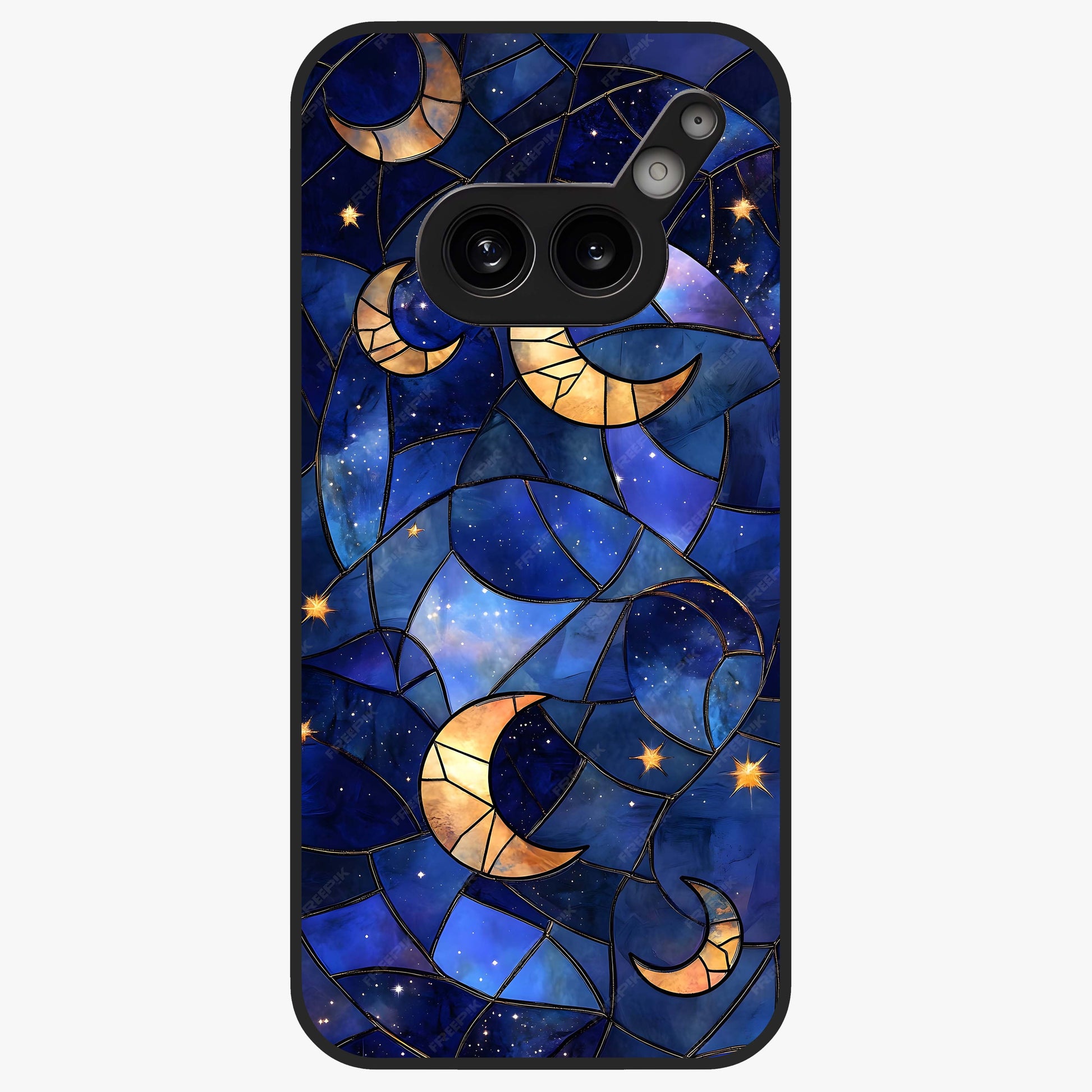 Starlit Sky Tapestry Glass Case showing flat back view with decorative starry sky tapestry artwork and glossy glass finish.