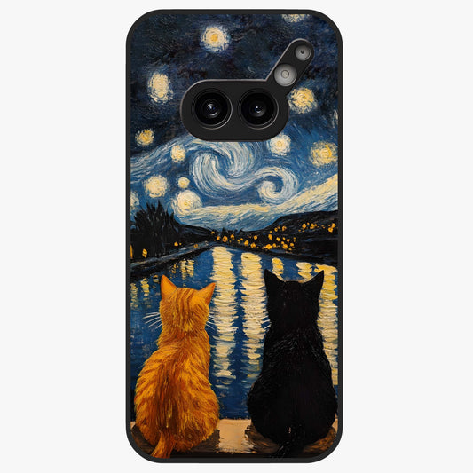 Starry River Cats Glass Case showing flat back view with cats by a starry river artwork and glossy glass finish.