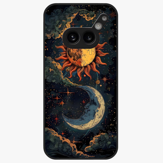 Sun And Moon Magic Design Glass Case showing flat back view with mystical sun and moon artwork and glossy glass finish.