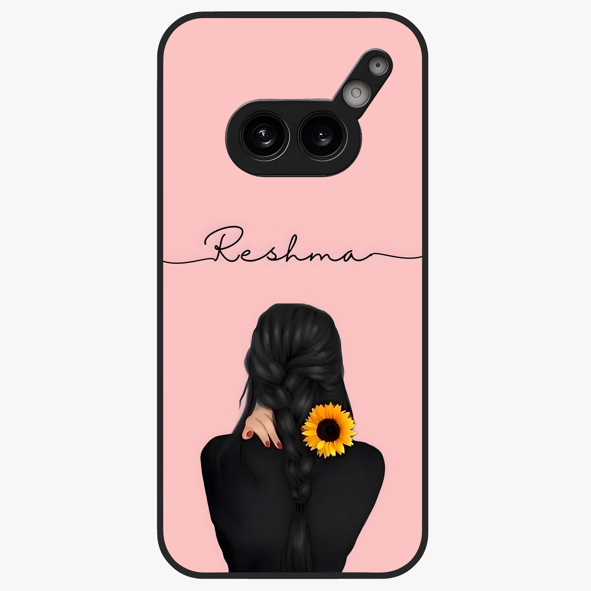Sunflower Braid Beauty With Custom Name Glass Case showing flat back view with sunflower braid artwork and personalized name design.