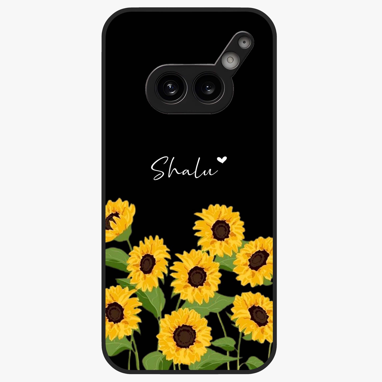 Sunflower Chic Mood Custom Name Glass Case showing flat back view with stylish sunflower artwork and personalized name design.
