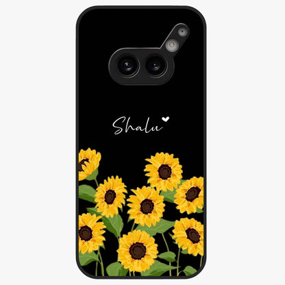 Sunflower Chic Mood Custom Name Glass Case showing flat back view with stylish sunflower artwork and personalized name design.