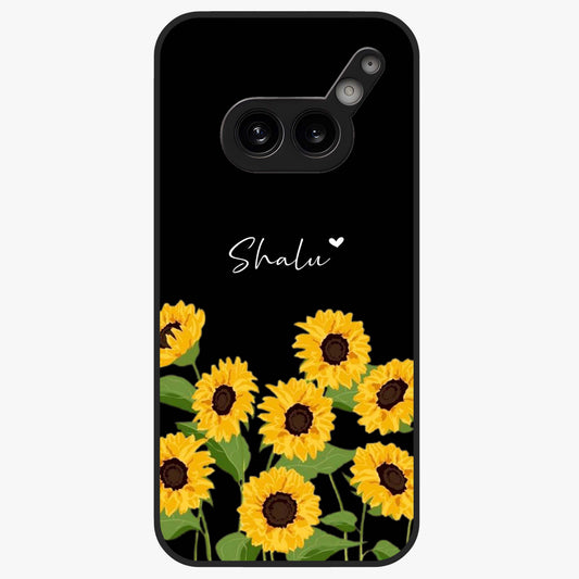 Sunflower Chic Mood Custom Name Glass Case showing flat back view with stylish sunflower artwork and personalized name design.