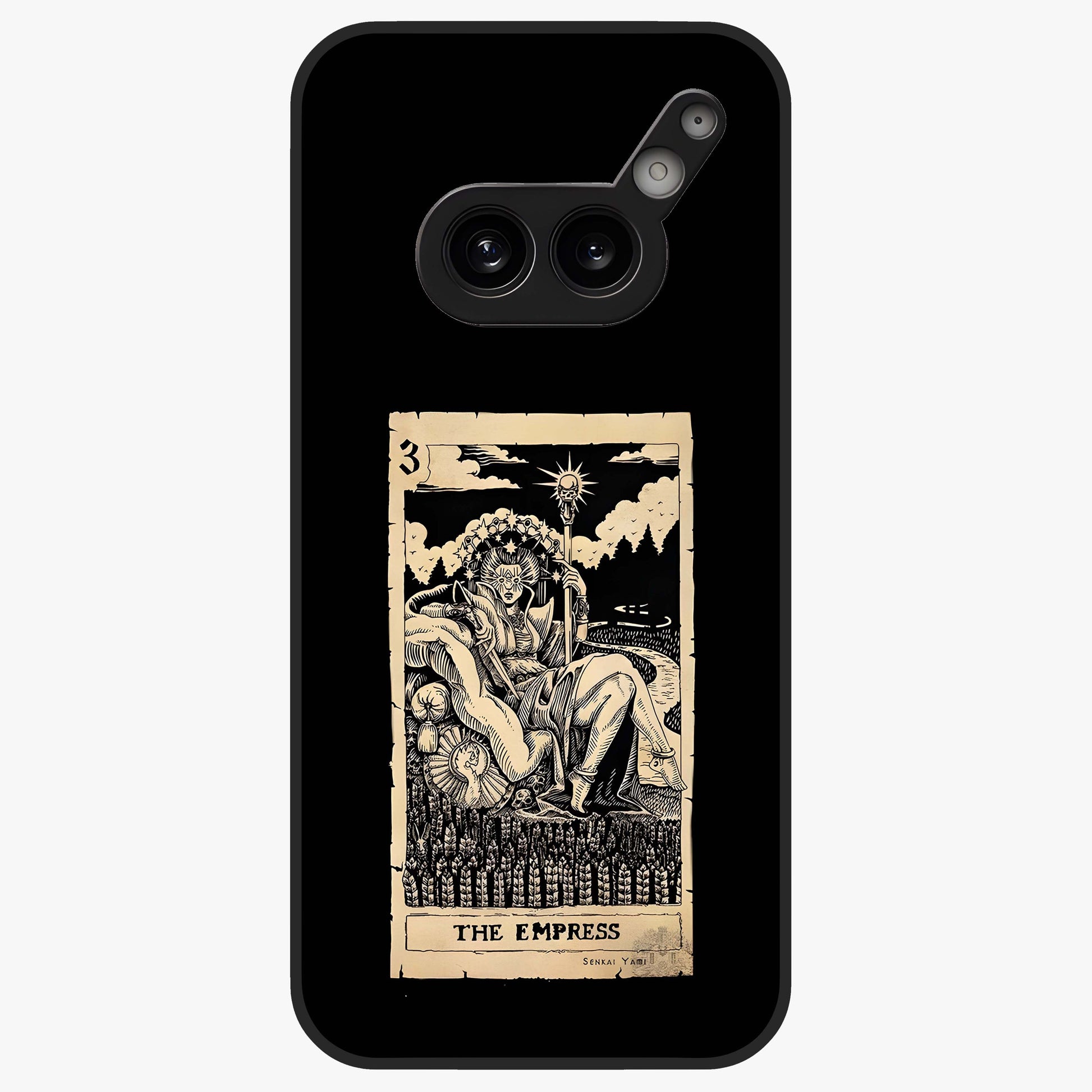The Empress Glass Case showing flat back view with regal feminine artwork and glossy glass finish.