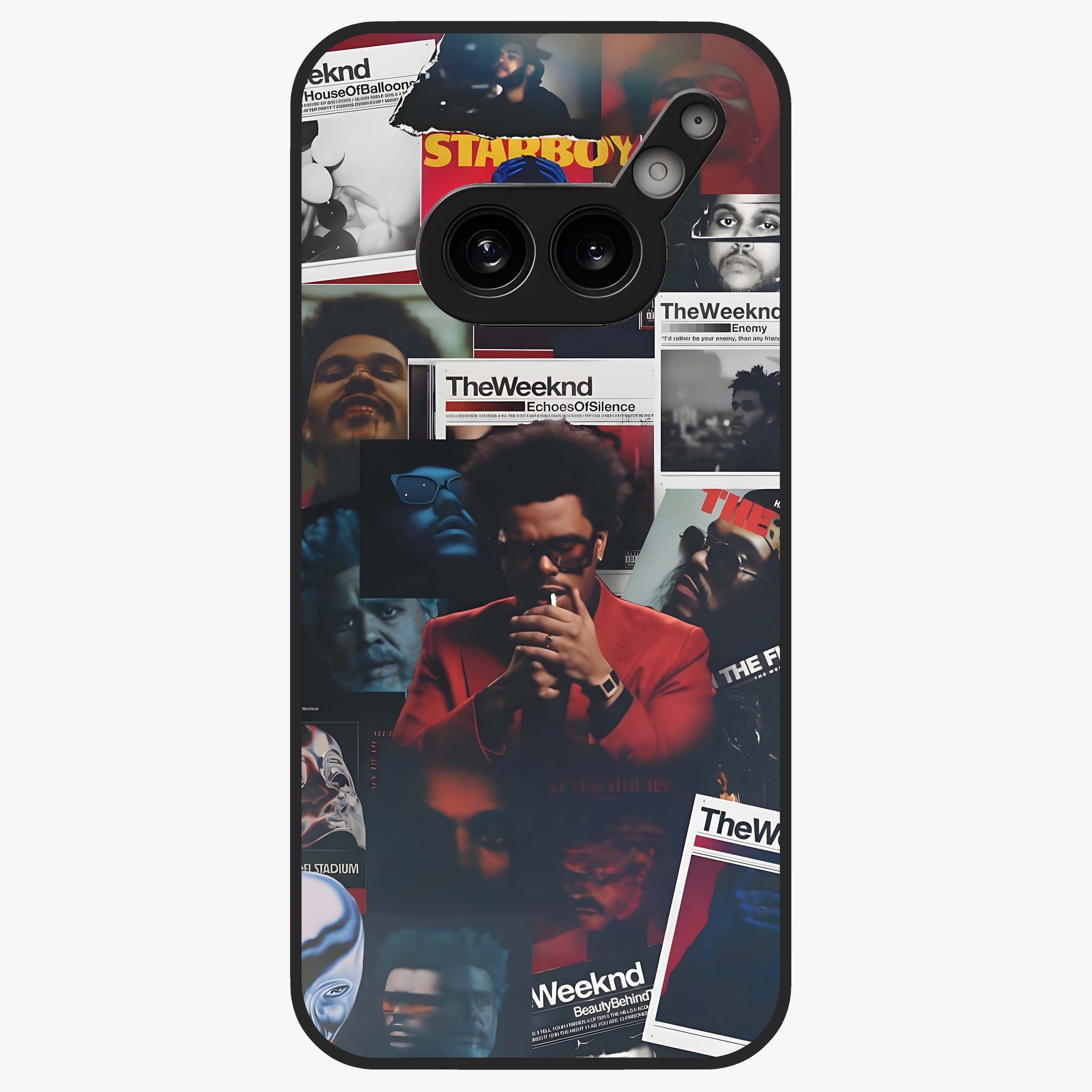 The Weeknd Glass Case showing flat back view with music inspired artistic portrait artwork and glossy glass finish.