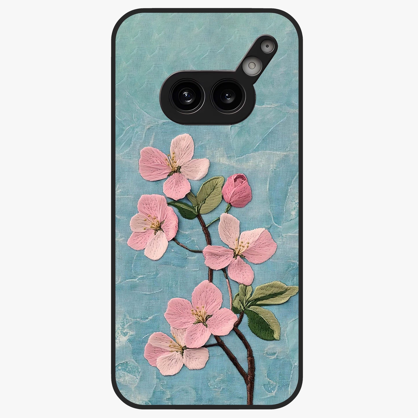 Threaded Blossom Breeze Glass Case showing flat back view with delicate blossom artwork and glossy glass finish.