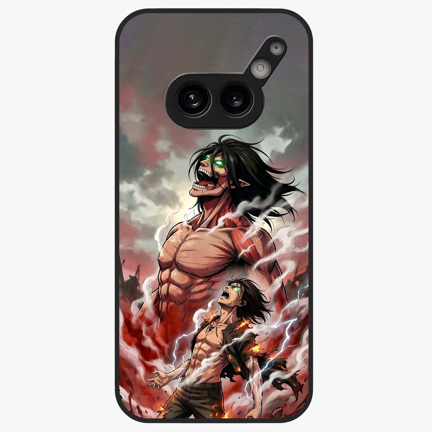 Titan Awakening Fury Glass Case showing flat back view with powerful titan inspired artwork and glossy glass finish.