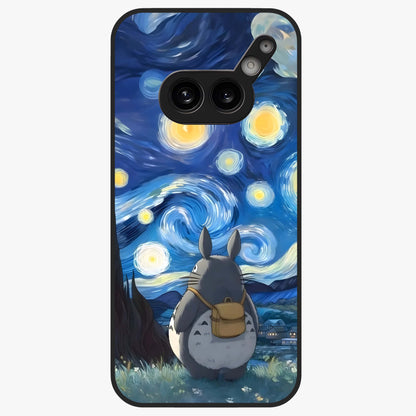 Totoro In Van Gogh Art Glass Case showing flat back view with whimsical character artwork inspired by Van Gogh style and glossy glass finish.