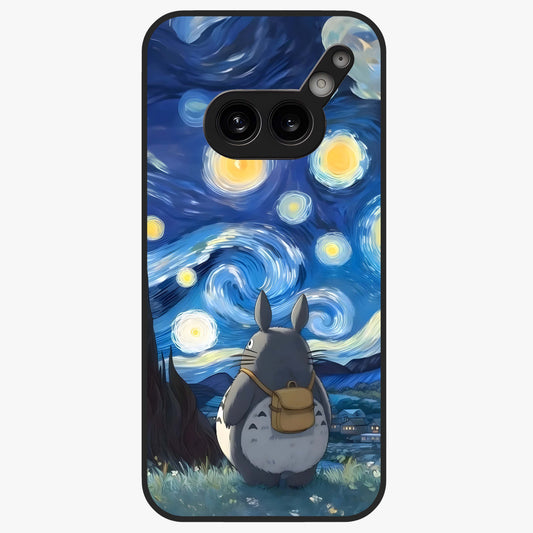 Totoro In Van Gogh Art Glass Case showing flat back view with whimsical character artwork inspired by Van Gogh style and glossy glass finish.