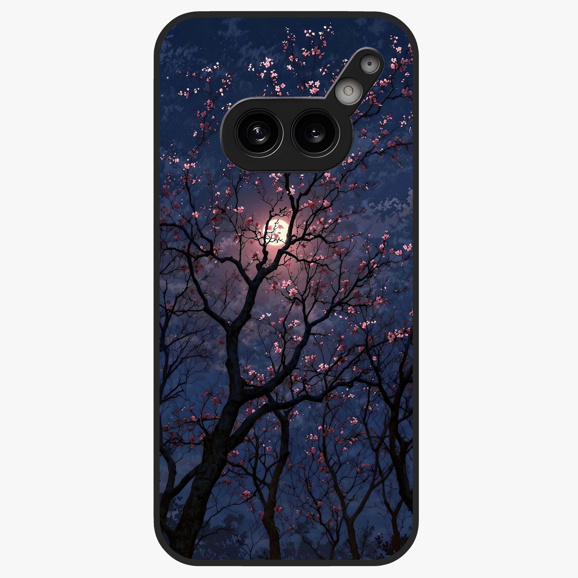 Twilight Sakura Serenade Glass Case showing flat back view with cherry blossom artwork at twilight and glossy glass finish.