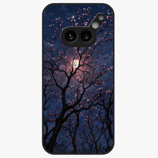 Twilight Sakura Serenade Glass Case showing flat back view with cherry blossom artwork at twilight and glossy glass finish.