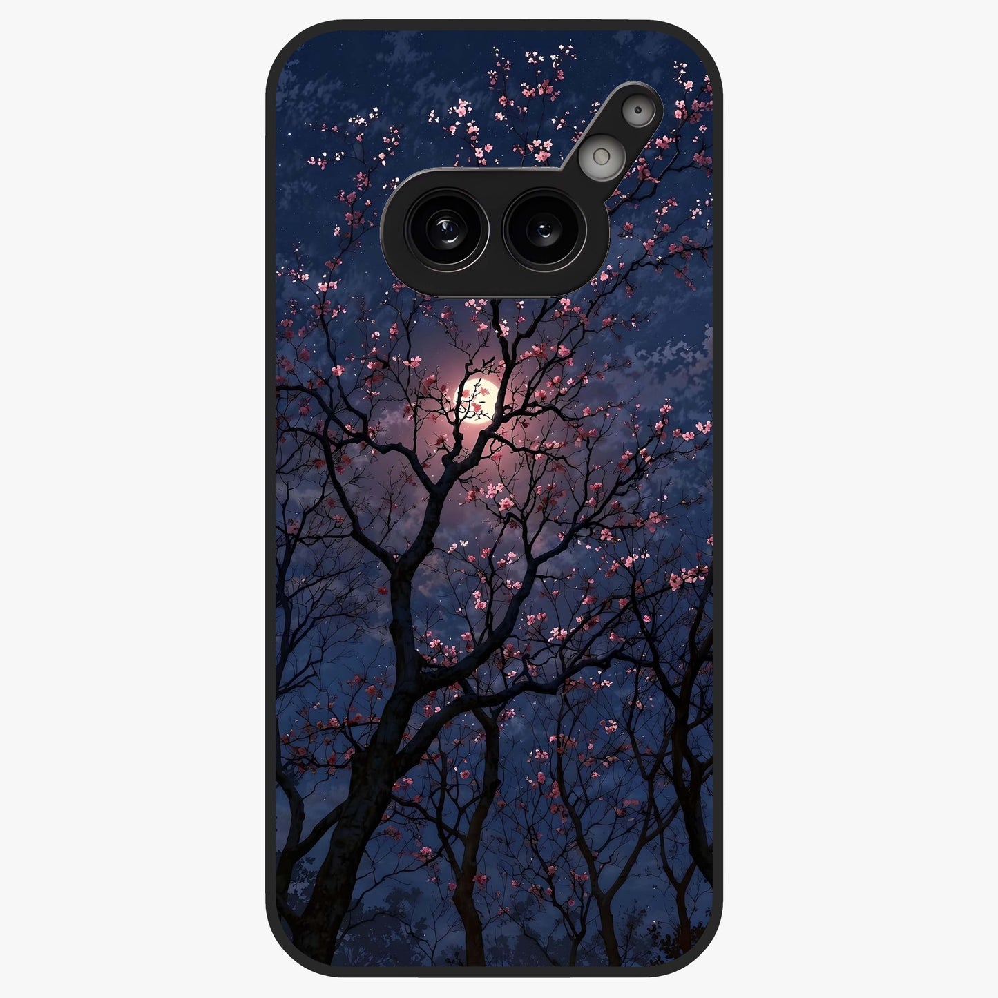 Twilight Sakura Serenade Glass Case showing flat back view with cherry blossom artwork at twilight and glossy glass finish.