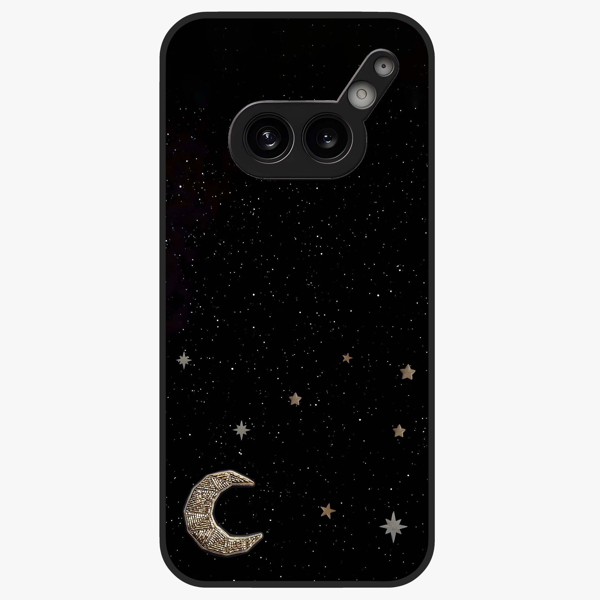 Twinkle Star With Half Moon Glass Case showing flat back view with star and half moon artwork and glossy glass finish.