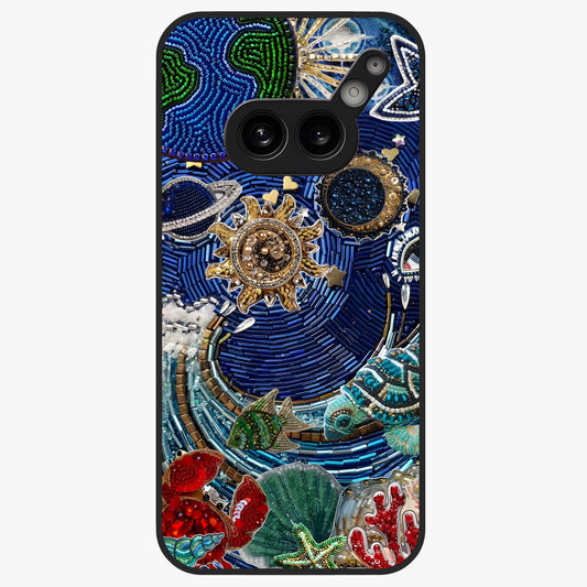 Universe Underwater Spark Glass Case showing flat back view with cosmic underwater themed artwork and glossy glass finish.