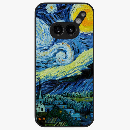 Van Gogh Art Glass Case showing flat back view with classic painterly artwork inspired by Van Gogh style and glossy glass finish.