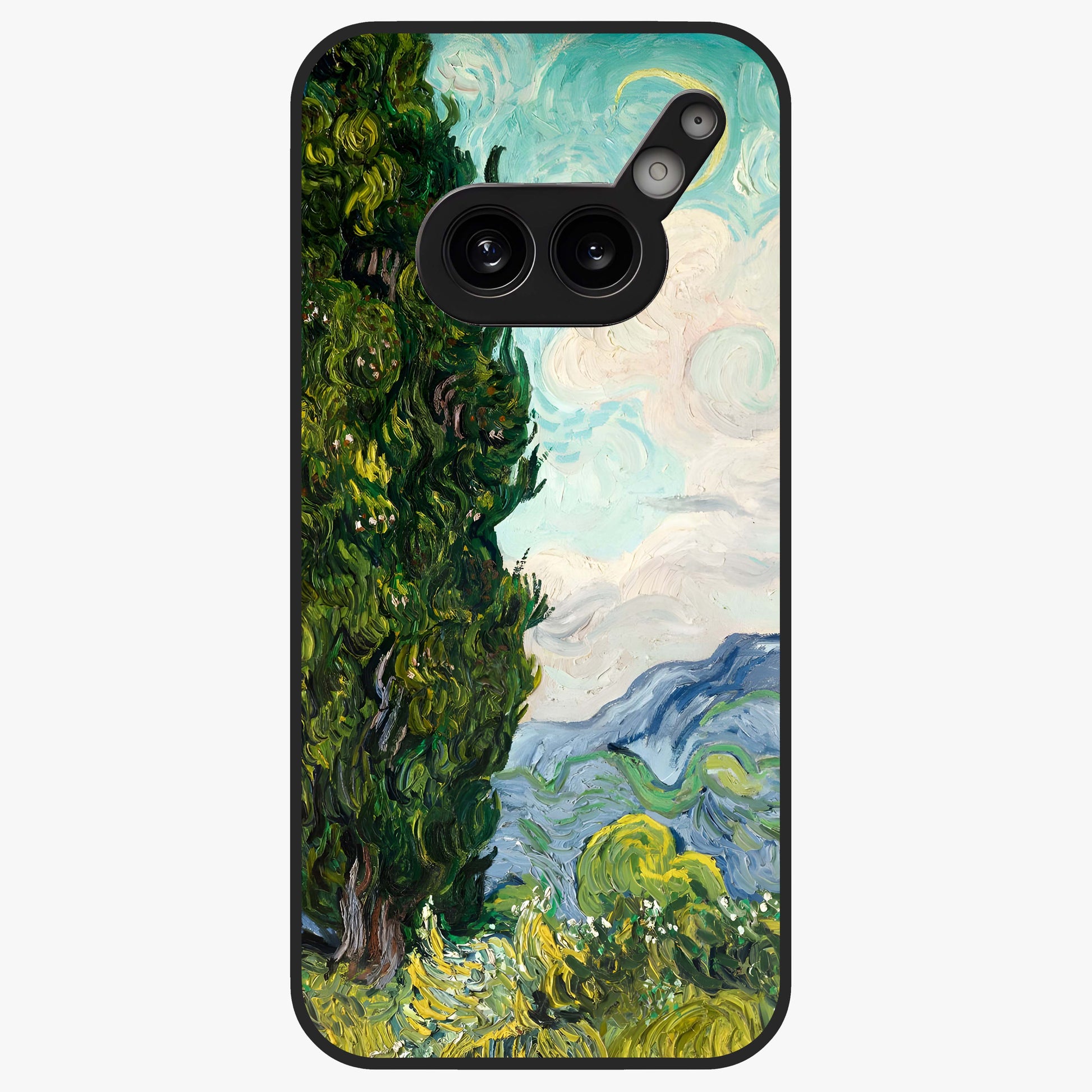 Van Gogh Vintage Art Glass Case showing flat back view with vintage painterly artwork inspired by Van Gogh style and glossy glass finish.