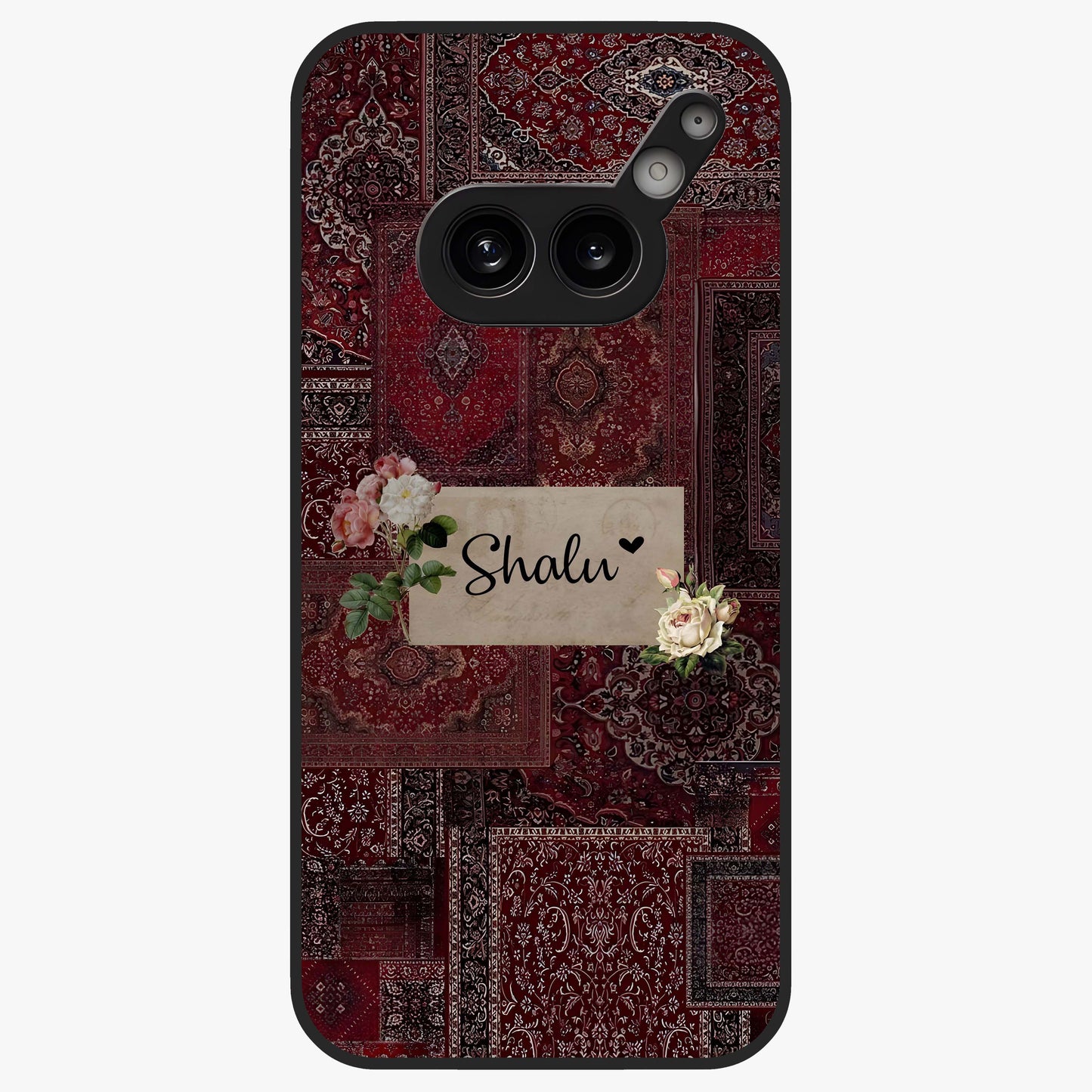 Velvet Wine Pattern Custom Name Glass Case showing flat back view with elegant wine colored pattern artwork and personalized name design.