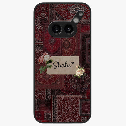 Velvet Wine Pattern Custom Name Glass Case showing flat back view with elegant wine colored pattern artwork and personalized name design.