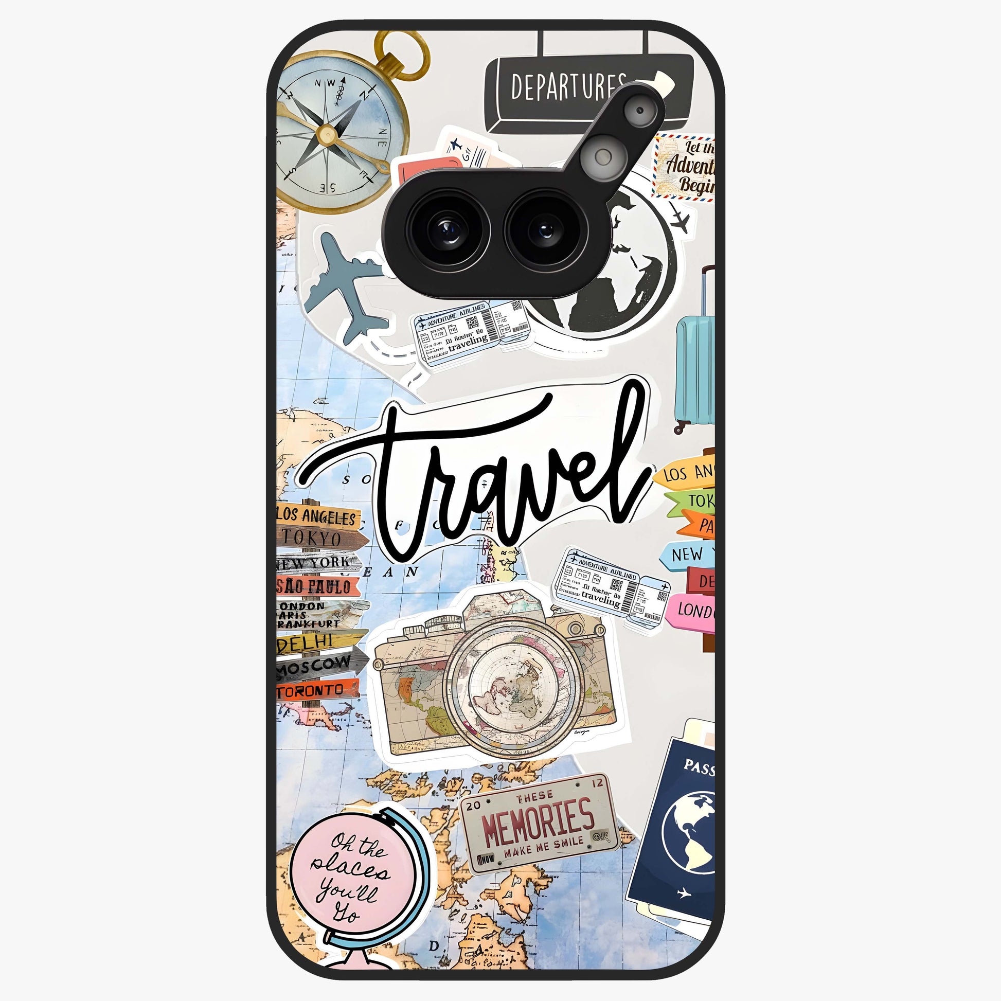 Wanderlust Journal Glass Case showing flat back view with travel inspired artwork and glossy glass finish.