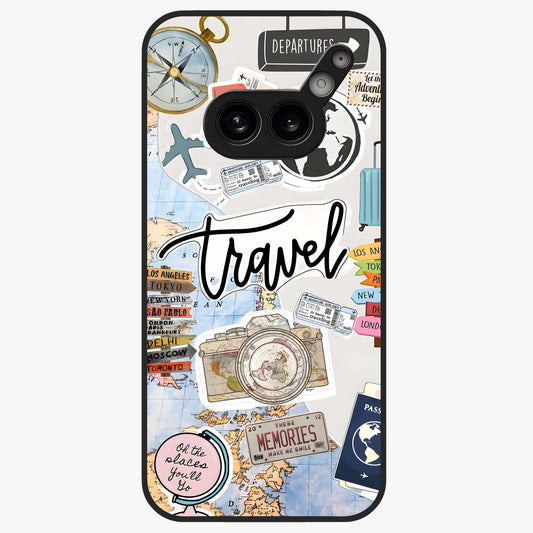 Wanderlust Journal Glass Case showing flat back view with travel inspired artwork and glossy glass finish.