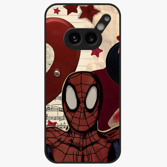 Web Warrior Vibes Glass Case showing flat back view with superhero inspired web themed artwork and glossy glass finish.