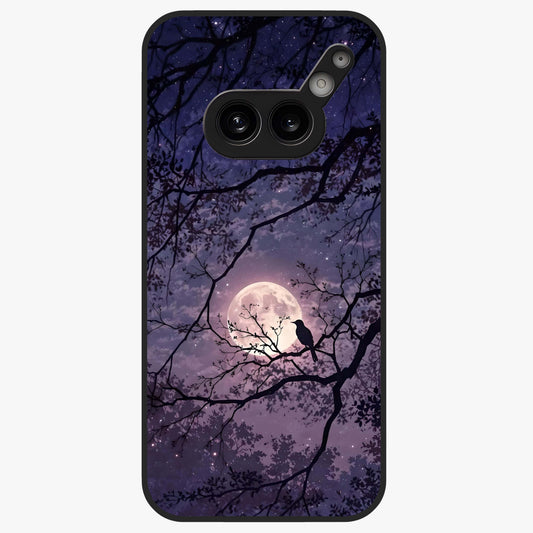 Whispering Moon Silence Glass Case showing flat back view with serene moon themed artwork and glossy glass finish.