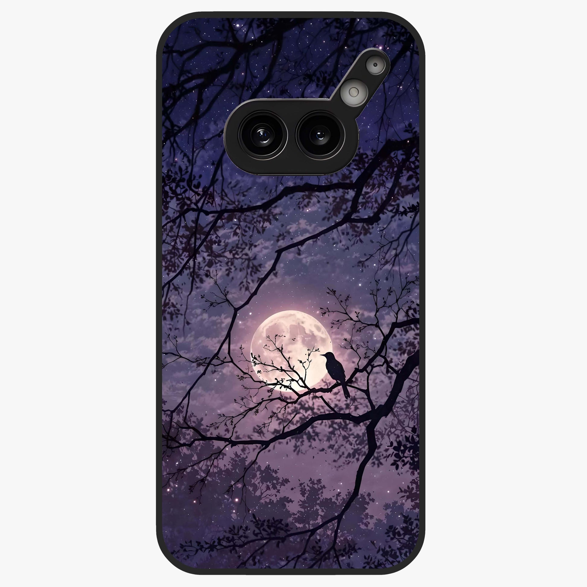 Whispering Moon Silence Glass Case showing flat back view with serene moon themed artwork and glossy glass finish.