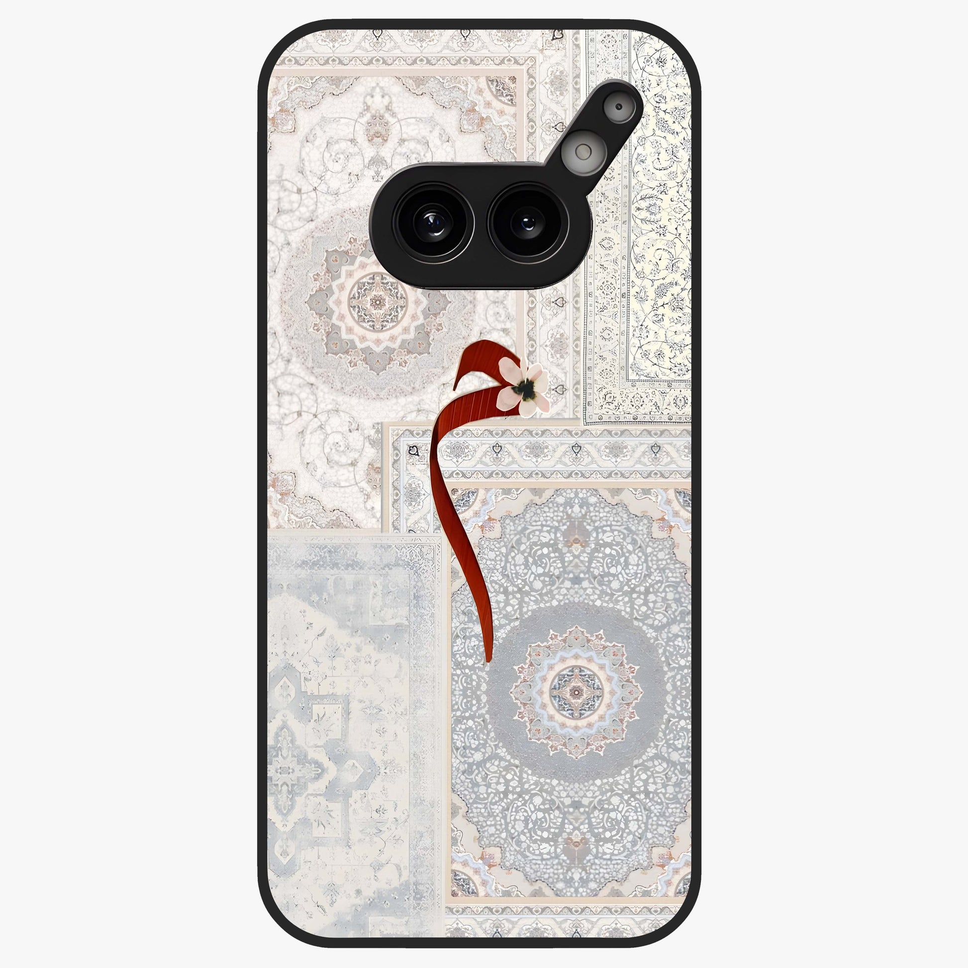 White Aesthetic Bow Glass Case showing flat back view with minimal bow artwork and glossy glass finish.
