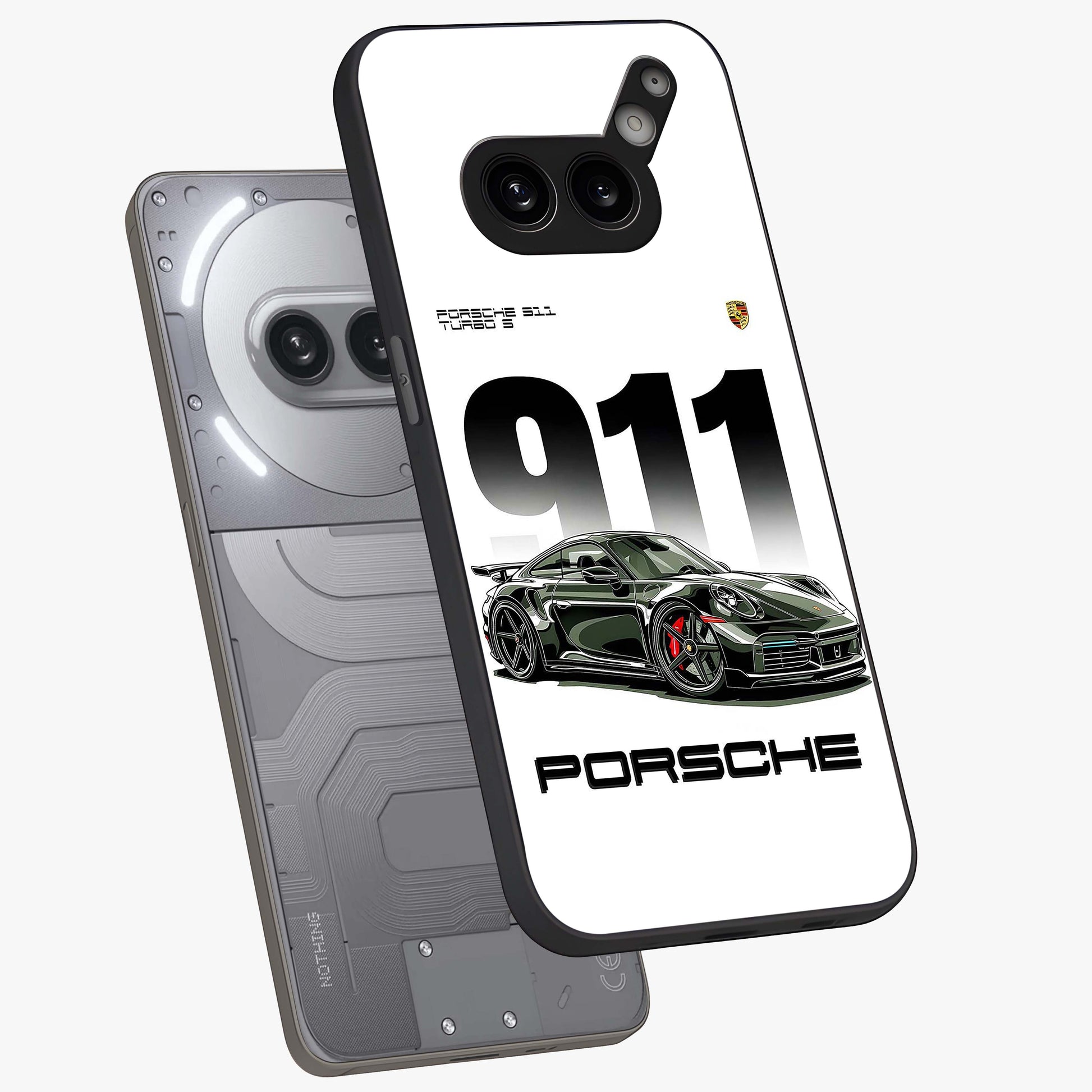 911 Turbo Dominance Glass Case displayed in premium angled mockup highlighting sporty car illustration and sleek glass surface.
