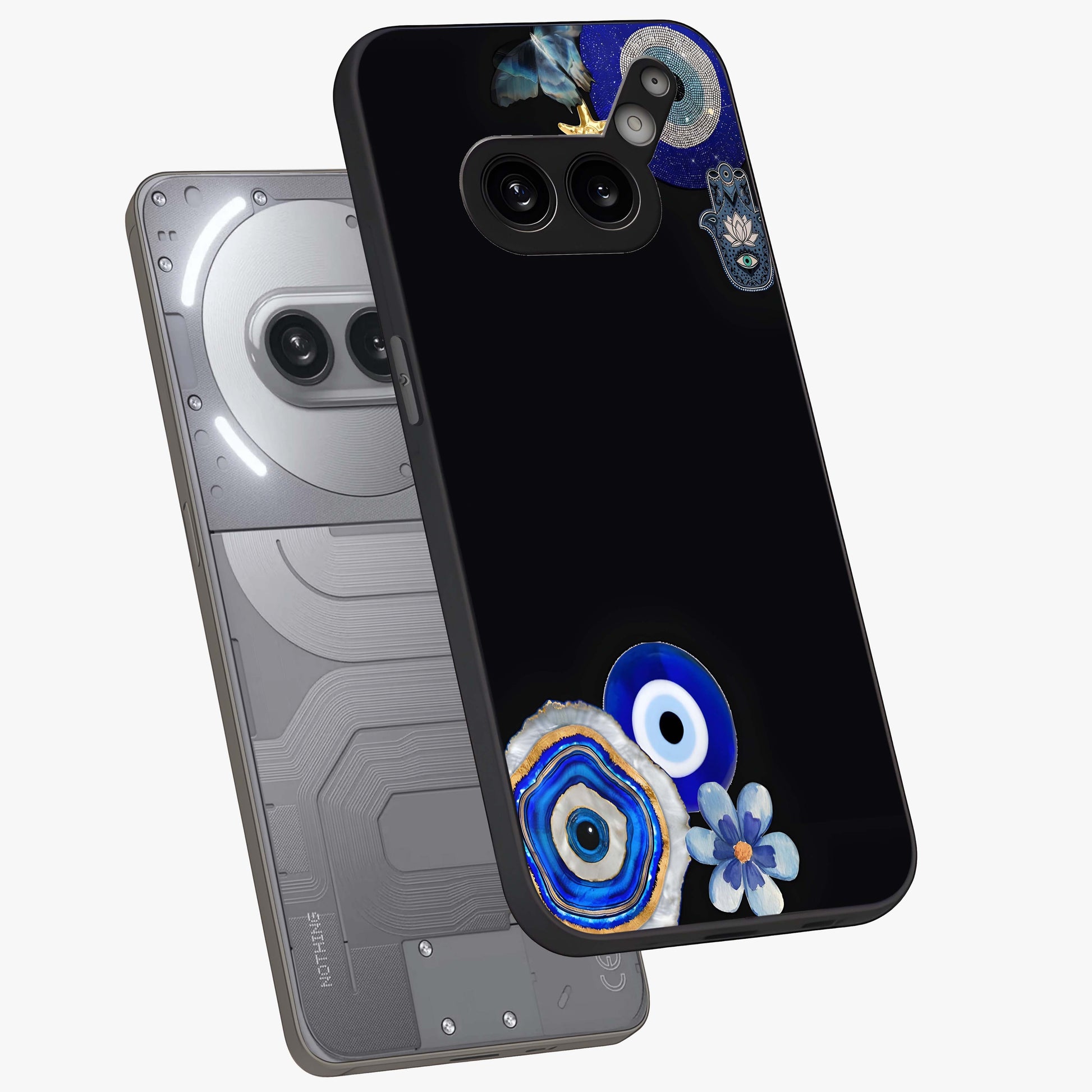 Aesthetic Blue Evil Eye Glass Case displayed in angled mockup highlighting blue evil eye symbol and spiritual aesthetic design.