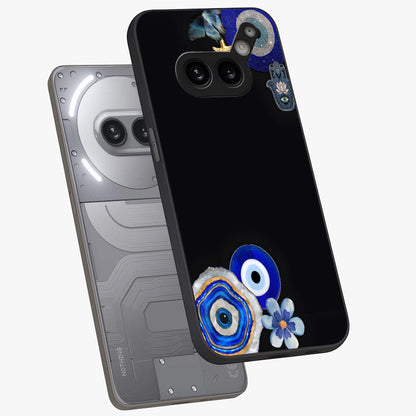 Aesthetic Blue Evil Eye Glass Case displayed in angled mockup highlighting blue evil eye symbol and spiritual aesthetic design.