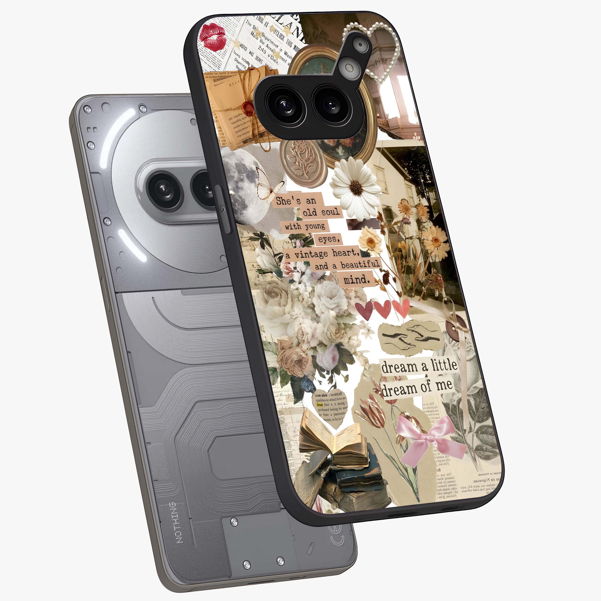 Aesthetic Brown Vintage Collage Glass Case displayed in angled mockup highlighting vintage aesthetic collage design.