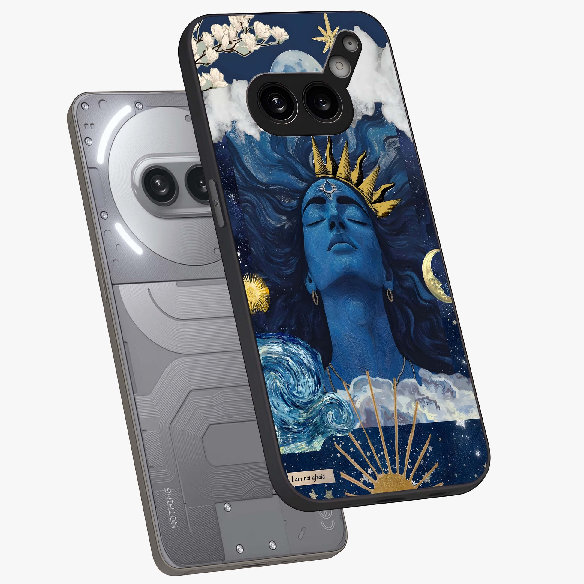 Aesthetic Lord Shiva Glass Case displayed in angled mockup highlighting spiritual Shiva illustration and sacred aesthetic design.