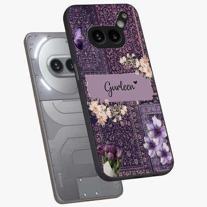 Antique Floral Whisper Custom Name Glass Case displayed in angled mockup highlighting elegant antique floral aesthetic.