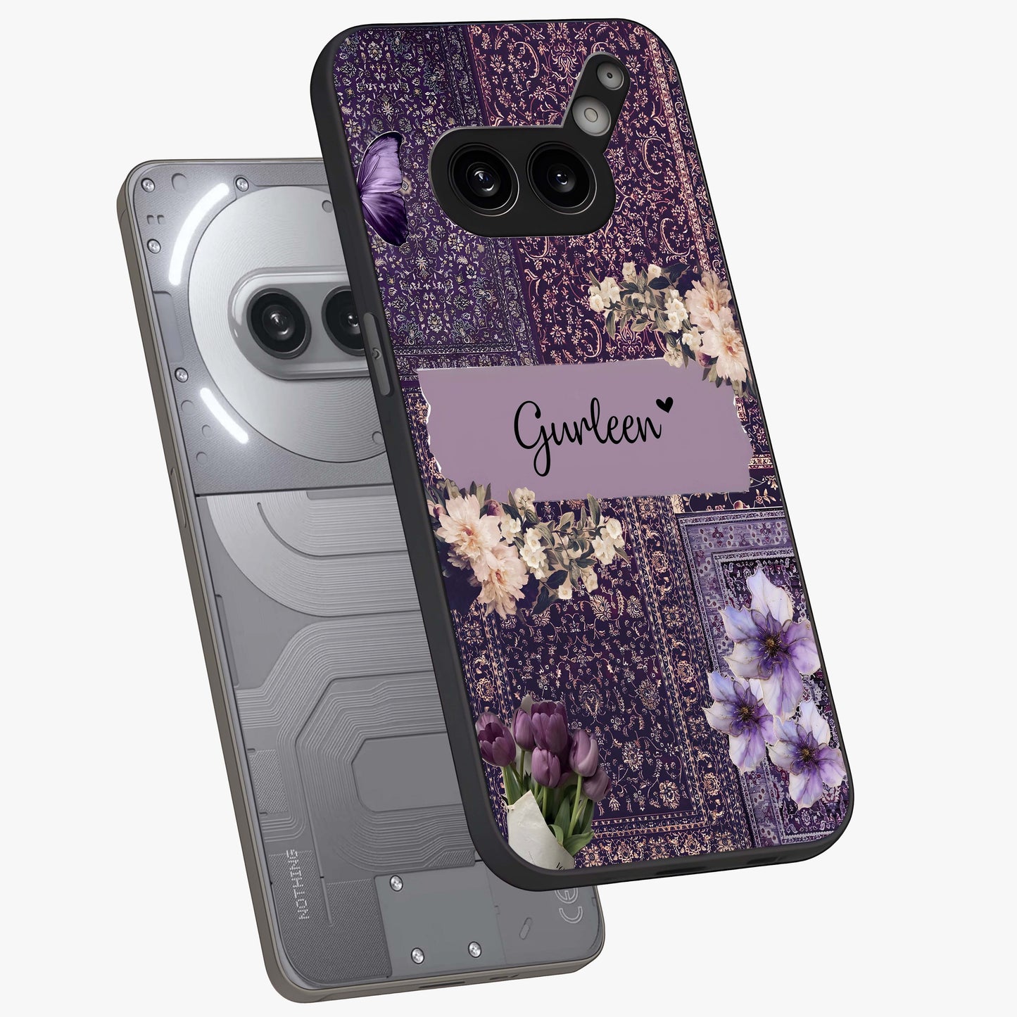 Antique Floral Whisper Custom Name Glass Case displayed in angled mockup highlighting elegant antique floral aesthetic.