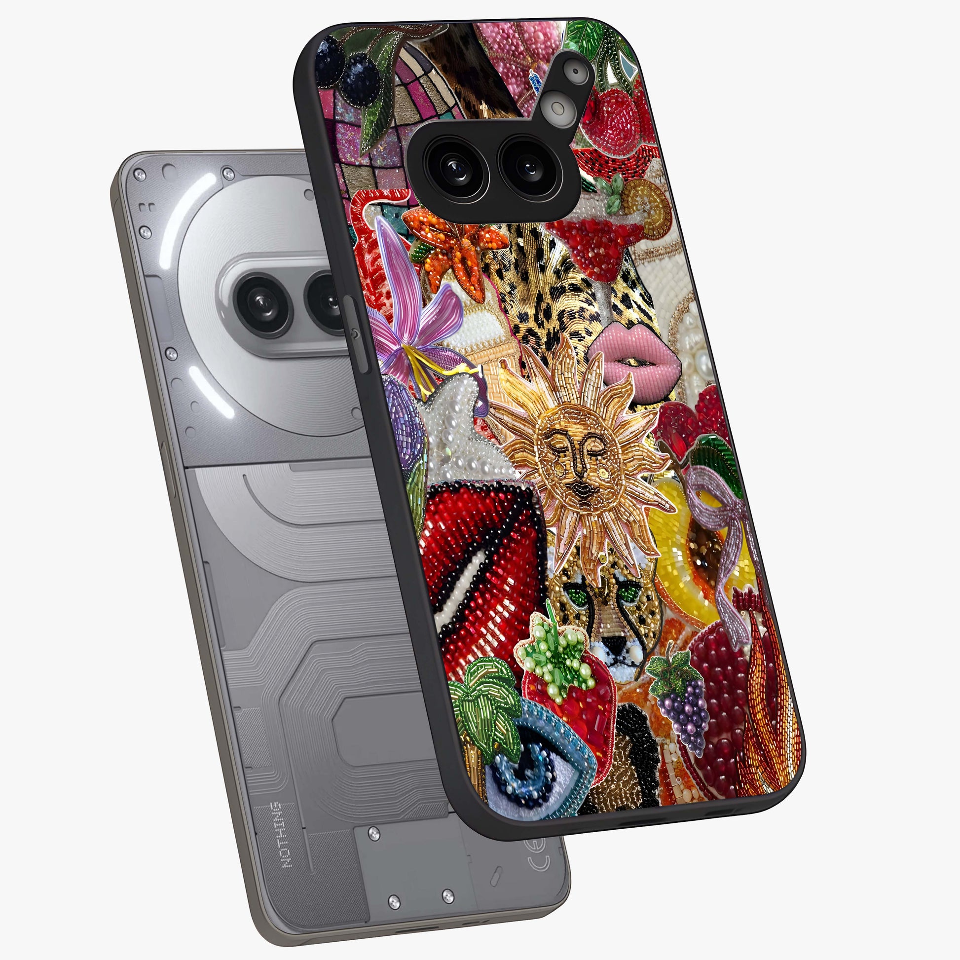 Beaded Fashion Jungle Glass Case displayed in angled mockup highlighting colorful fashion bead design and artistic pattern.