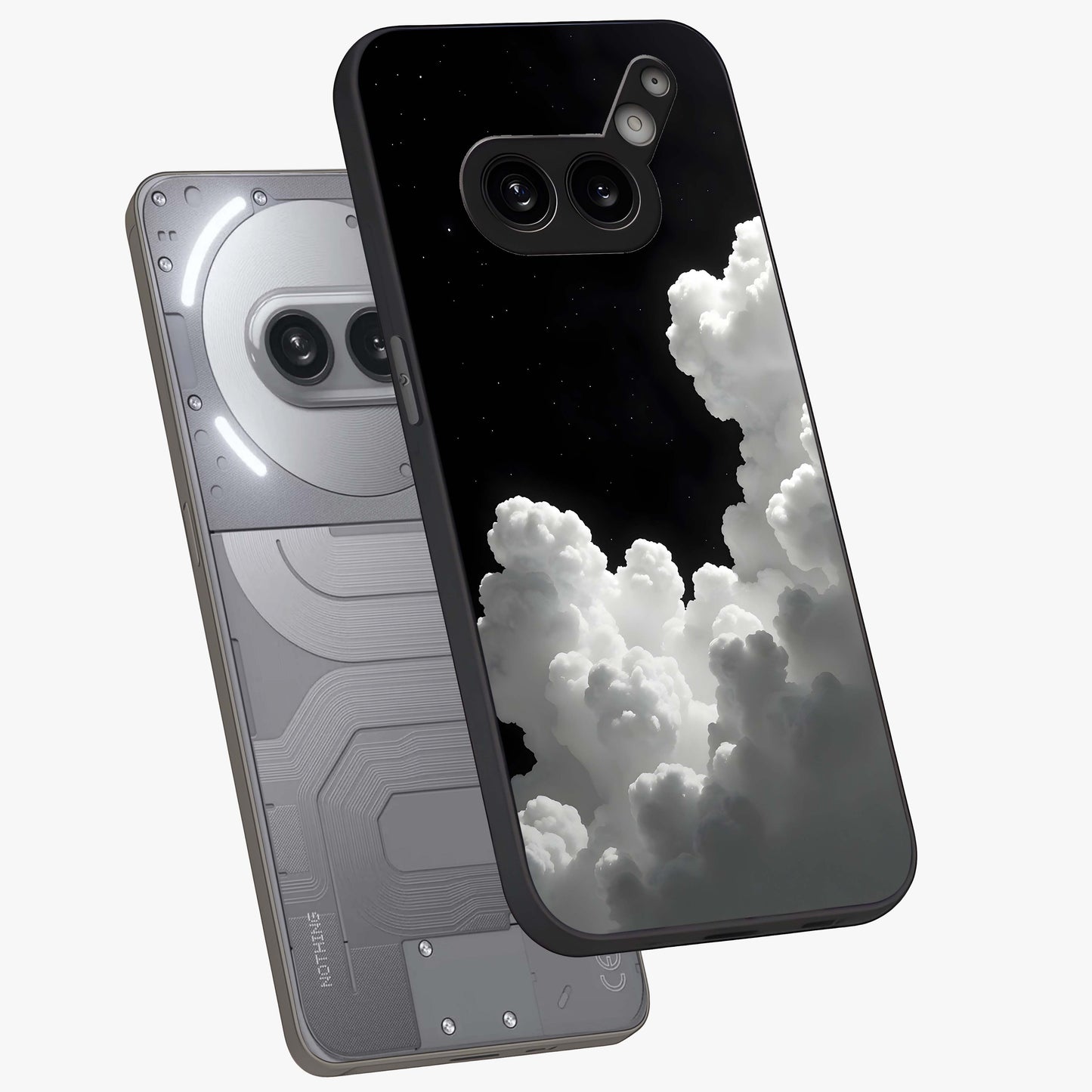 Black Background With White Cloud Glass Case displayed in angled mockup highlighting soft white cloud illustration and minimal design.