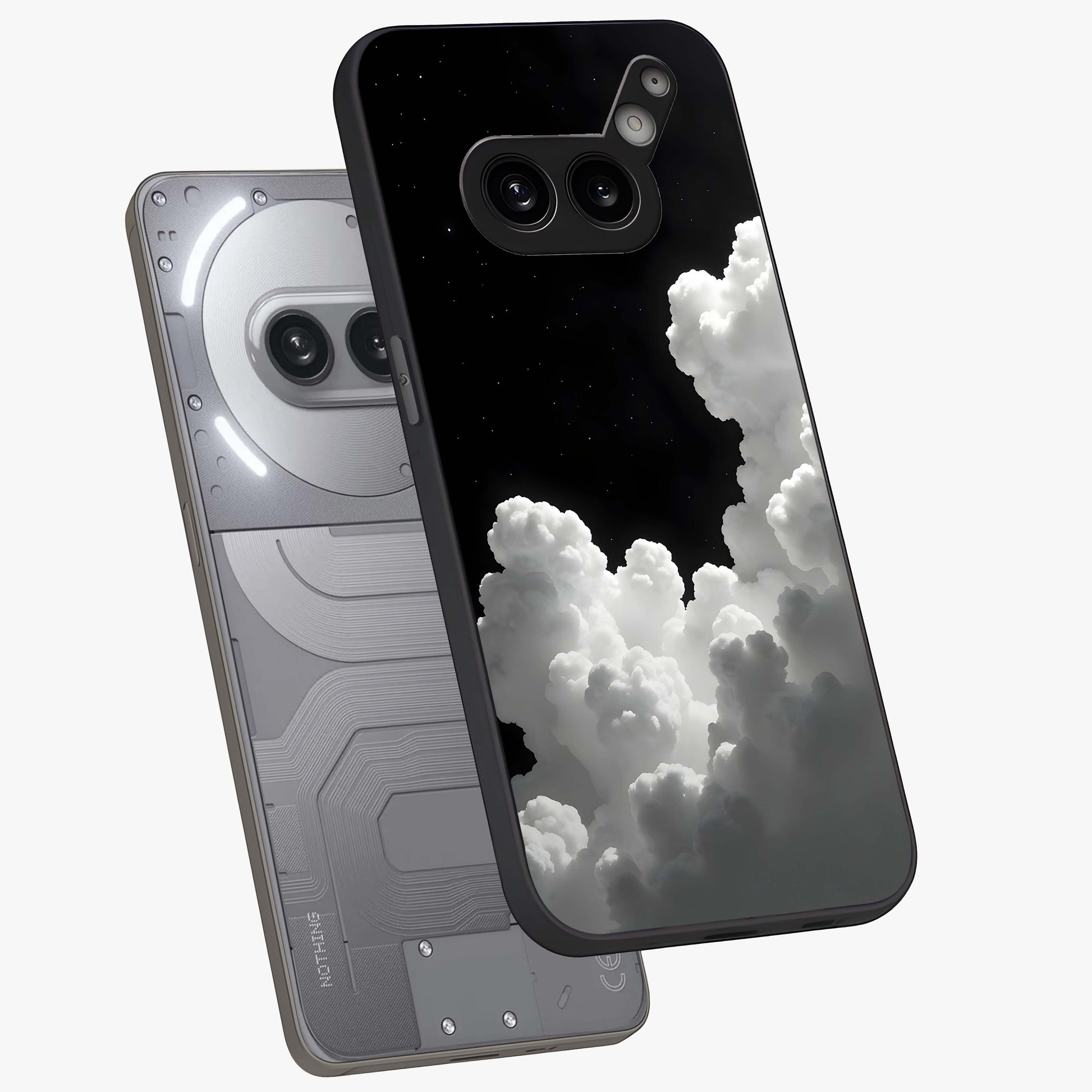 Black Background With White Cloud Glass Case displayed in angled mockup highlighting soft white cloud illustration and minimal design.