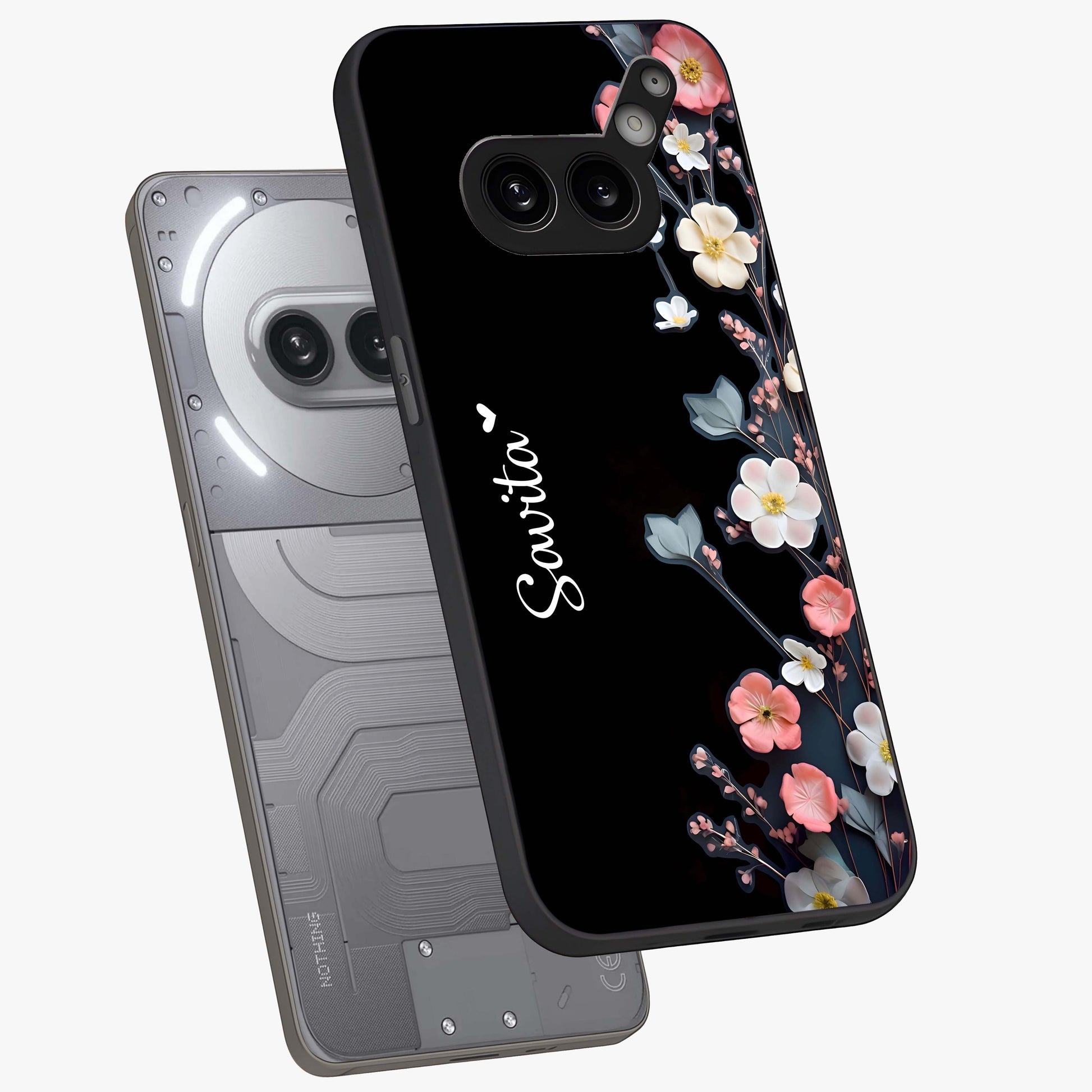 Black Elegance Floral Custom Name Glass Case displayed in angled mockup highlighting dark floral aesthetic and custom name feature.