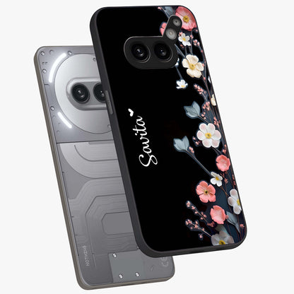 Black Elegance Floral Custom Name Glass Case displayed in angled mockup highlighting dark floral aesthetic and custom name feature.