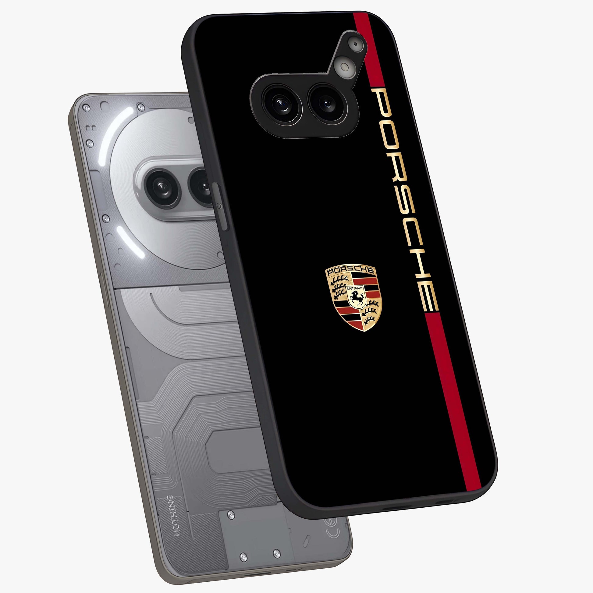 Black Minimal Porsche Glass Case displayed in angled mockup highlighting modern minimal car illustration and clean aesthetic design.