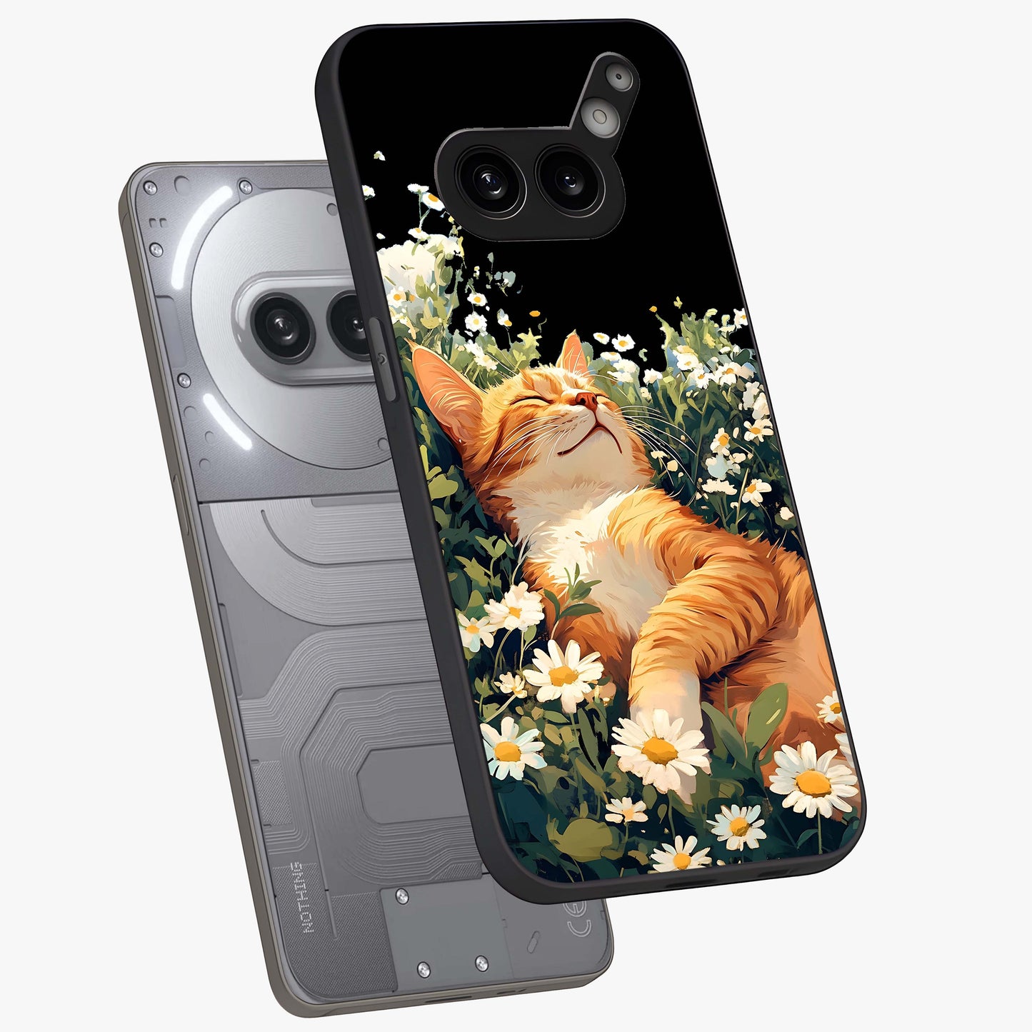 Blissful Bloom Cat Glass Case displayed in angled mockup highlighting playful feline illustration with soft floral aesthetic.